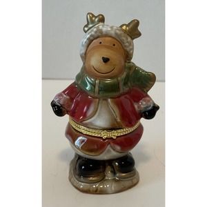 Greenbrier Intl Porcelain Reindeer in Santa Suit Hinged Trinket Box Holiday